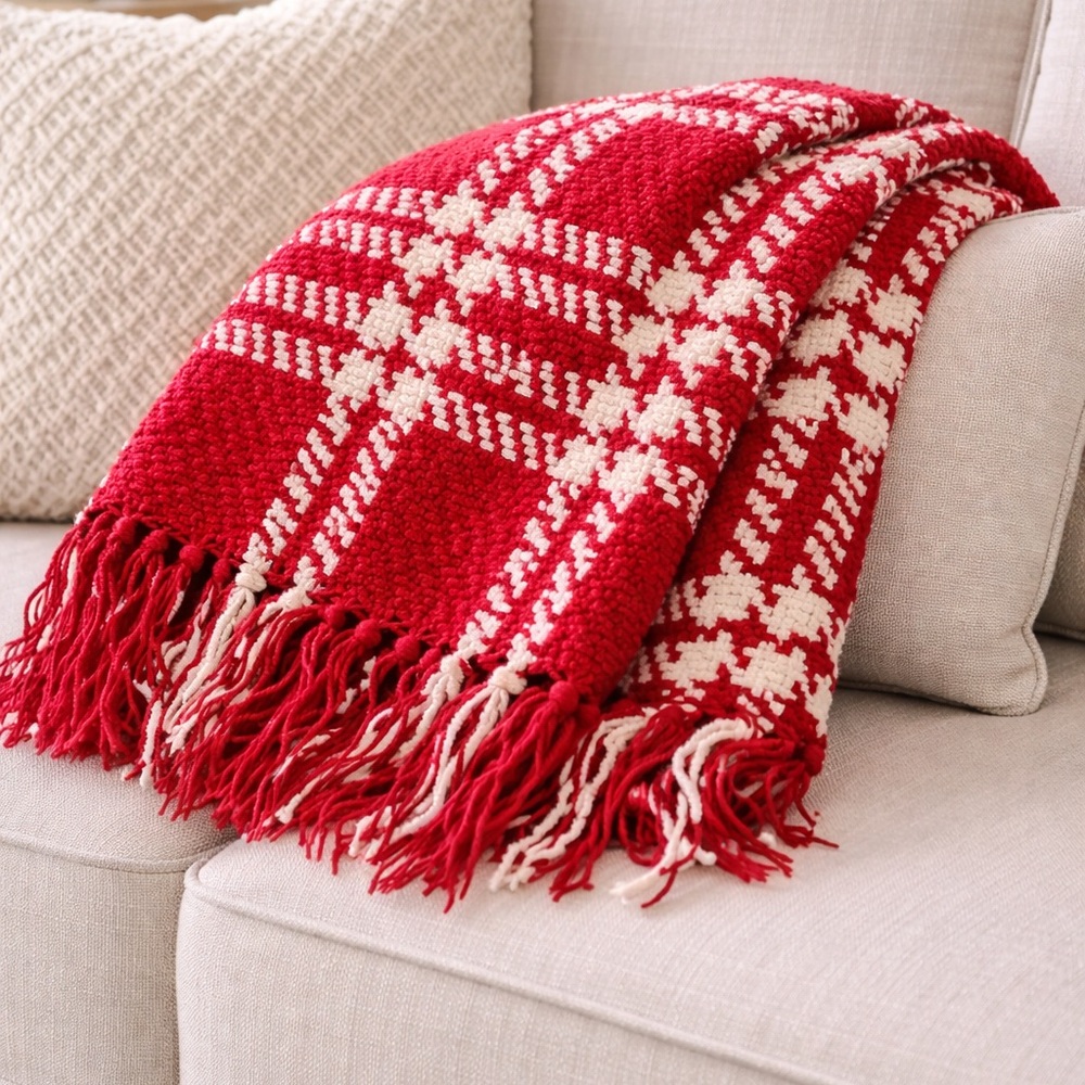 Cozy Red & Cream Plaid Holiday Throw Blanket